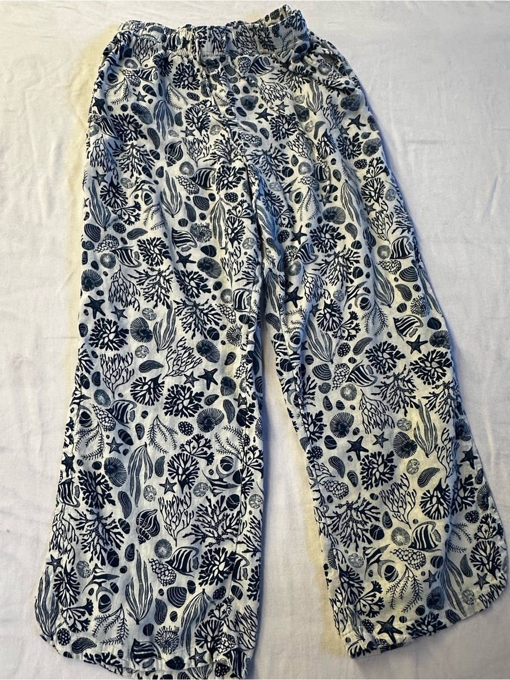 Sigrid Olsen XL Linen Blend Wide Leg Pants Blue White Sea Life Shell Coral Print